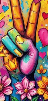 Colorful peace hand with vibrant flowers and hearts.