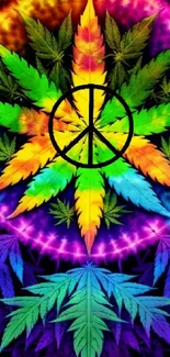 Vibrant rainbow leaf with peace symbol art.
