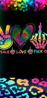 Vibrant phone wallpaper with peace, love symbols in multicolor design.