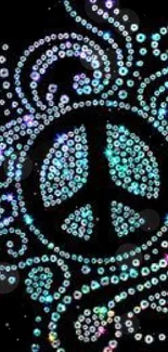 Vibrant peace sign with multicolored sparkles on a black background.