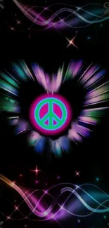 Colorful neon peace sign on dark abstract background.