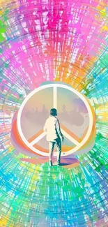 Colorful wallpaper with peace symbol and person.