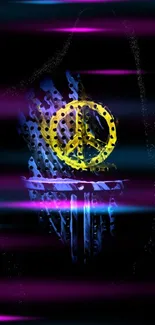 Peace symbol in vibrant neon colors on a dark background.