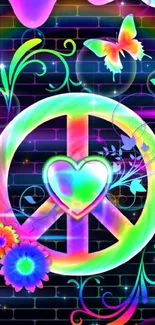 Vibrant neon peace and heart symbol with butterflies on a black background.