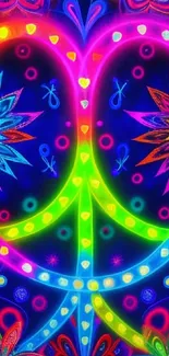 Colorful neon peace symbol with floral designs.