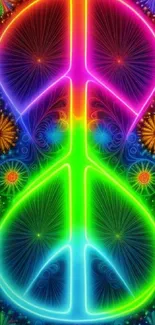 Vibrant neon peace symbol with abstract details