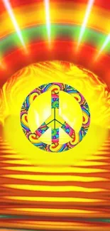 Vibrant yellow peace symbol with psychedelic colors on a radiant background.