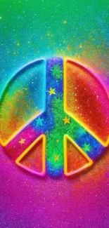 Colorful neon peace sign on vibrant galaxy background.