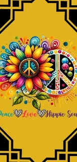 Vibrant sunflower and peace symbol with colorful hippie design.