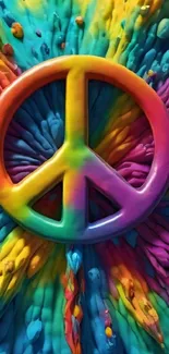 Colorful peace symbol against vibrant rainbow splash background.