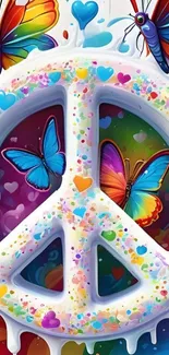 Vibrant peace symbol with colorful butterflies and rainbow design.