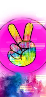 Vibrant wallpaper featuring a colorful peace hand symbol on a pink background.