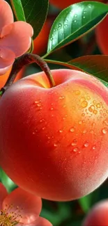 Close-up of a peach with blossoms and green leaves.