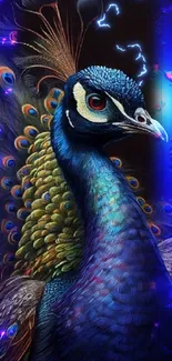 Artistic vibrant peacock digital wallpaper with colorful feather details.