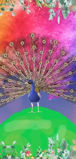 Artistic peacock with colorful background wallpaper.