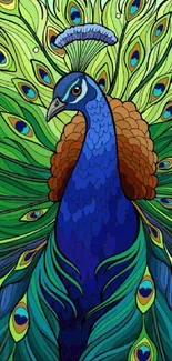 Colorful illustration of a majestic peacock with vibrant feathers.