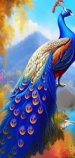 Colorful peacock perched on a rock with vibrant feathers and scenic background.