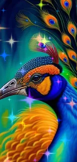 Vibrant peacock with colorful feathers in artistic style.