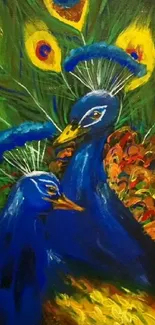 Vibrant artistic depiction of two peacocks with colorful feather details.