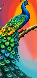 Colorful peacock perched on a branch with vibrant background.