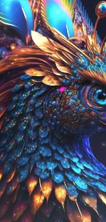 Vibrant digital artwork of a colorful peacock with intricate feather details.