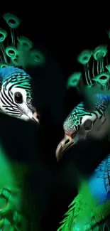 Two peacocks with artistic green feathers on a dark background.