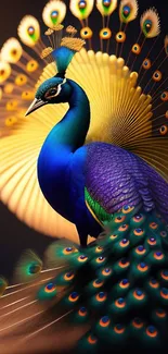 Vibrant peacock with detailed feathers in blue and gold hues, perfect for phones.