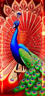 Vibrant peacock with colorful feathers on a red background.