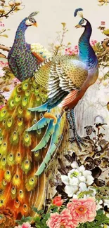 Vibrant peacock with floral background wallpaper.