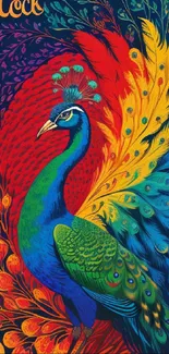 Vibrant peacock illustration with colorful feathers and artistic design.