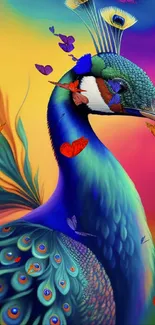 Vibrant peacock with colorful feathers on a gradient background.