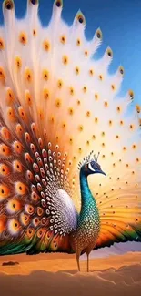 Vibrant peacock at sunset on a beach, colorful feathers spread wide in artful display.