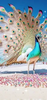 Elegant peacock on a beach with vibrant open feathers.