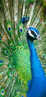 Vibrant peacock with open feathers in blue and green hues on a mobile wallpaper.