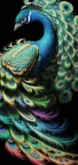 A vibrant peacock displaying colorful feathers on a black background.