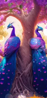 Vibrant peacocks under purple trees in stunning mobile wallpaper.