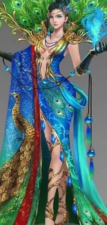 Fantasy art of a woman in peacock-themed attire radiating vibrant colors.