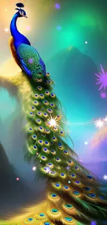 A vibrant peacock in a mystical fantasy setting, perfect for mobile wallpaper.