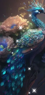 Vibrant fantasy peacock with blue feathers in a floral setting.