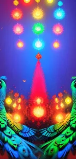 Colorful fantasy peacock art with bright lights.