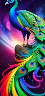 Vibrant peacock with cosmic background on phone wallpaper.