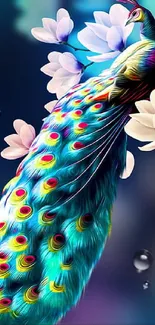 Bright and elegant peacock with colorful feathers and flowers on a fantasy wallpaper.