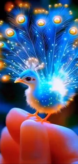 Fantasy peacock art on a finger, glowing vibrant colors.