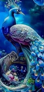 Vibrant fantasy peacock in mystical art scene.
