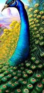 Vibrant peacock with colorful feathers in a fantasy landscape.