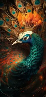 Vibrant peacock fantasy art with teal and orange hues.