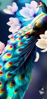 Vibrant peacock with colorful feathers and flowers.