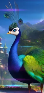 Vibrant peacock in a fantasy landscape with colorful feathers.