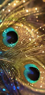 Close-up of vibrant peacock feather design for wallpaper.