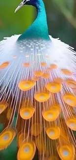Close-up of a vibrant peacock feather display.